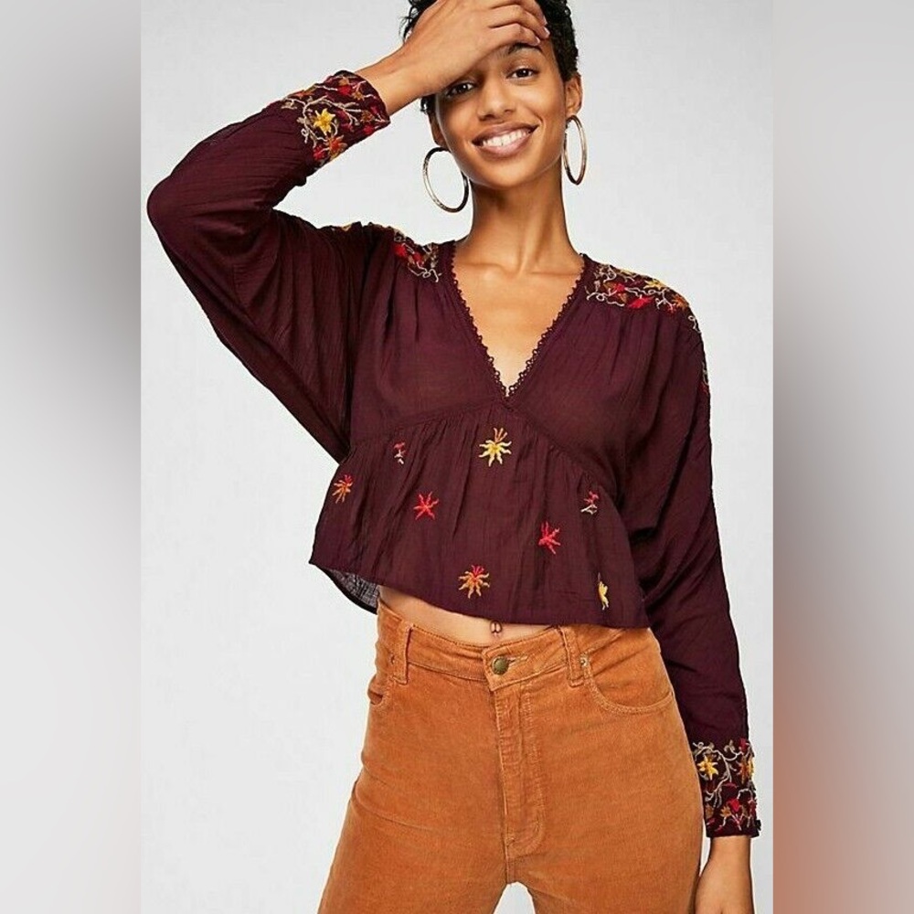 Free People Ava‎ Embroidered V-Neck Pullover Top M